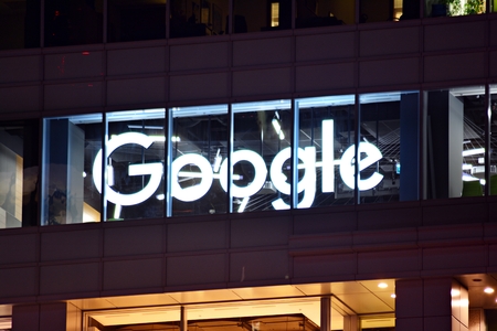 Warsaw, Poland. 21 September 2018. Google Sign. Google signboard company.のeditorial素材