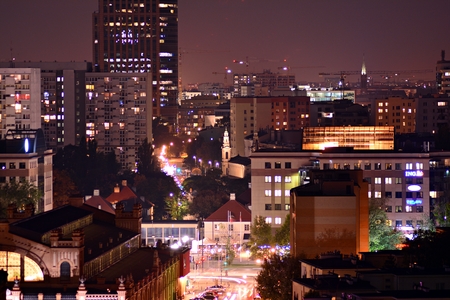 Modern office building at night. Night lights, city office building downtown, cityscape viewの写真素材