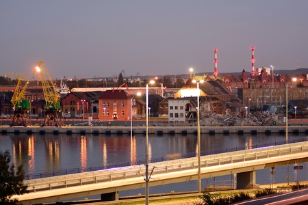 Szczecin, Poland. 6 October 2018. Night photography of the harbor wharf.のeditorial素材
