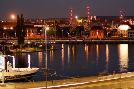 Szczecin, Poland. 6 October 2018. Night photography of the harbor wharf.のeditorial素材
