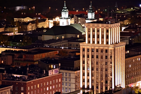 Warsaw, Poland. 30 October 2018. Aerial view of Warsaw. Downtown Warsaw at night.のeditorial素材