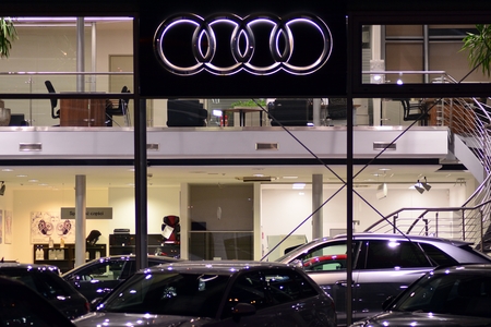 Warsaw, Poland. 2 November 2018. Sign Audi. Company signboard Audi.