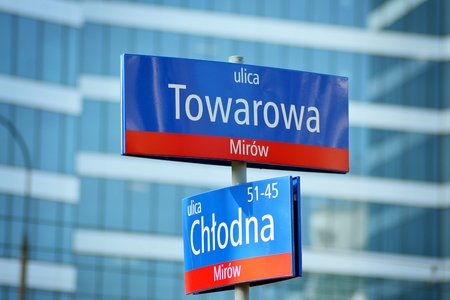 Street sign in Warsaw. Architecture detail.の写真素材