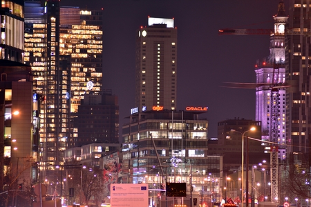 Warsaw, Poland. 20 November 2018. View of Warsaw. Downtown Warsaw at night.のeditorial素材