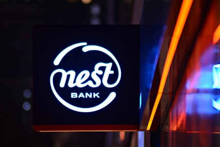 Warsaw, Poland. 20 November 2018. Sign Nest Bank. Company signboard Nest Bank.