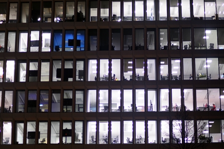 Modern office building at night. Night lights, city office building downtown, cityscape viewの写真素材