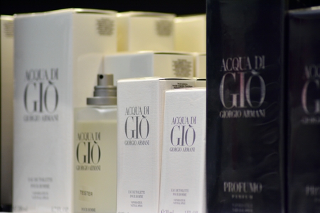 Warsaw, Poland. 20 November 2018. Perfumes GIORGIO ARMANI Acqua di Gio Absolu on shelves.のeditorial素材