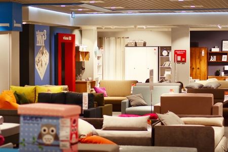 Warsaw, Poland. November 2018.Showroom of modern furniture Black Red White.のeditorial素材