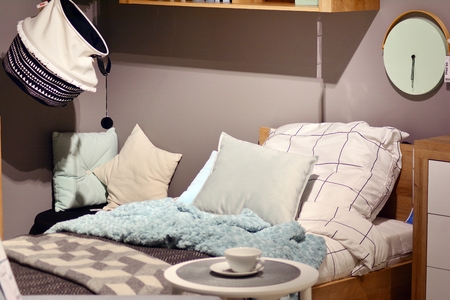 Warsaw, Poland. November 2018.Showroom of modern furniture Black Red White.のeditorial素材