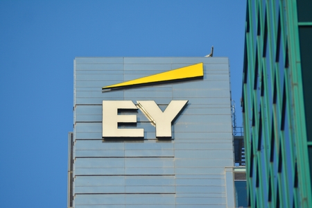 Warsaw, Poland. 1 December 2018. Sign EY. Company signboard EY.のeditorial素材