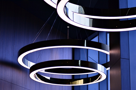 Abstract interior fragment. Stylized illumination with modern LED lampsの写真素材
