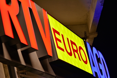Warsaw, Poland. 18 December 2018. Sign RTV Euro AGD. Company signboard RTV Euro AGD.のeditorial素材