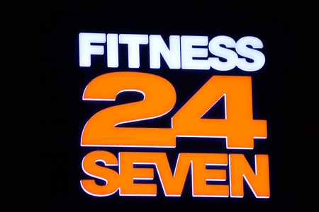 Warsaw, Poland. 18 December 2018. Sign Fitness 23 Seven. Company signboard Fitness 23 Seven.のeditorial素材