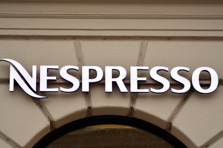 Warsaw, Poland. 20 December 2018. Nespresso sign. Company Nespresso signboard.のeditorial素材