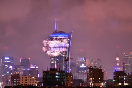 Warsaw, Poland. 1 January 2019. Aerial view of Warsaw. Downtown Warsaw at night. New Year's Eve fireworksのeditorial素材