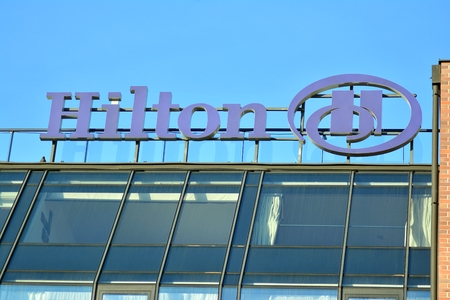 Gdansk, Poland .19 January 2019. Sign Hilton. Company signboard Hilton.のeditorial素材