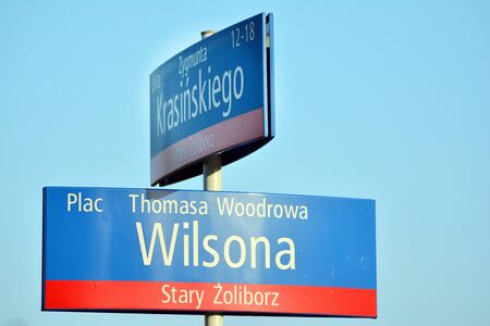 Warsaw, Poland.9 February 2019. Street sign in Warsaw. Architecture detail. Wilson Squareのeditorial素材