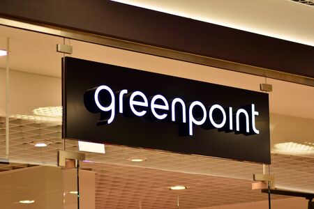 Warsaw, Poland. 5 April 2019. Greenpoint sign. Company signboard. Greenpointのeditorial素材