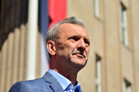 Warsaw, Poland. 23 April 2019. Demonstration of the Polish Teachers' Union in front of the Ministry of Education in Warsaw. The head of the Polish Teachers Union Slawomir Broniarzのeditorial素材