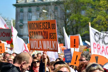 Warsaw, Poland. 23 April 2019. Several thousand teachers, as well as parents supporting them, protested, the 16th day of teachers protest. The main demonstration took place in the Ministry of Education in Warsaw.のeditorial素材