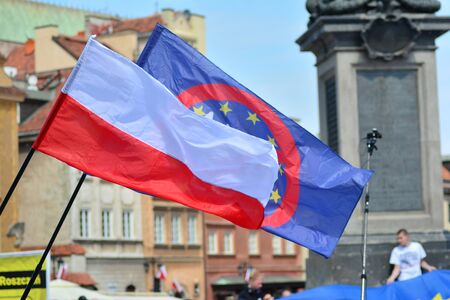 Warsaw, Poland. 1 May 2019. Polish nationalists are rallying in Warsaw to protest the country's membership in the European Unionのeditorial素材