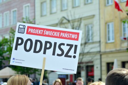 Warsaw, Poland. 1 May 2019. Sign Design a secular state. Sign!のeditorial素材