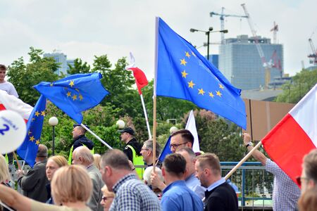 Warsaw, Poland. 18 May 2019.Thousands of opposition supporters marched in the Polish capital to celebrate the nation's European Union membership ahead of the European Parliament election.のeditorial素材