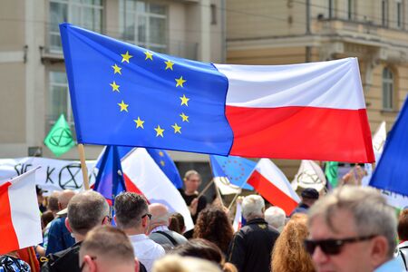 Warsaw, Poland. 18 May 2019.Thousands of opposition supporters marched in the Polish capital to celebrate the nation's European Union membership ahead of the European Parliament election.のeditorial素材