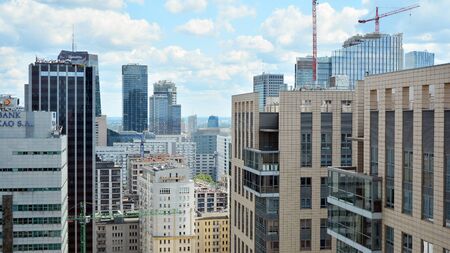 Warsaw, Poland. July 26, 2019. Aerial view of downtown business skyscrapers in Warsaw