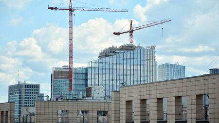 Warsaw, Poland. July 26, 2019. Aerial view of downtown business skyscrapers in Warsaw