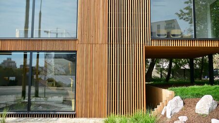 Warsaw, Poland. 16 August 2019. Building promoting the construction of the complex Forest office...