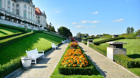 Warsaw, Poland. 22 August 2019. Castle Gardens - a garden adjacent to the Royal Castle in Warsaw from the side of the Vistula. Today, the castle gardens are the perfect resting place.のeditorial素材