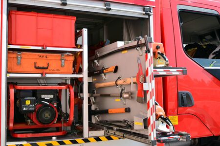 Warsaw, Poland. 24 August 2019. Fire engine equipment Renault Trucks. Fire hoses and other equipment...