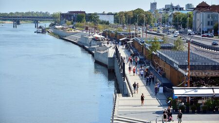 Warsaw, Poland. 24 August 2019. Vistulan Boulevards on the western side of the River Vistula in Warsaw. The promenade at the bank of the Vistula riverのeditorial素材
