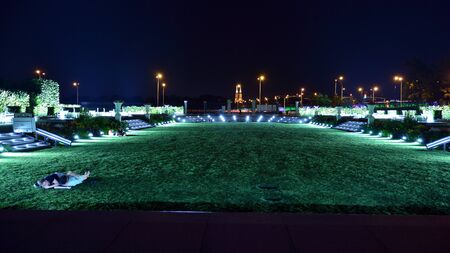 Warsaw, Poland. 26 August 2019. Castle Gardens - a garden adjacent to the Royal Castle in Warsaw from the side of the Vistula in night. Today, the castle gardens are the perfect resting place.のeditorial素材