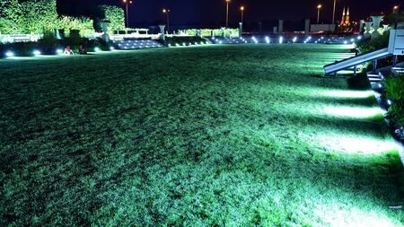 Warsaw, Poland. 26 August 2019. Castle Gardens - a garden adjacent to the Royal Castle in Warsaw from the side of the Vistula in night. Today, the castle gardens are the perfect resting place.のeditorial素材