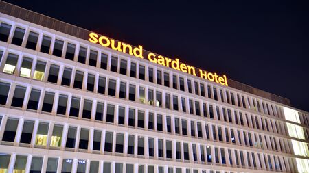 Warsaw, Poland. 28 August 2019. Sign Sound Garden Hotel Conference Center. Company signboard Sound Garden Hotel Conference Center.のeditorial素材
