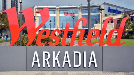 Warsaw, Poland. September 27, 2019. Sign Westfield Arkadia. Company signboard Westfield Arkadia.