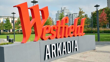 Warsaw, Poland. September 27, 2019. Sign Westfield Arkadia. Company signboard Westfield Arkadia.