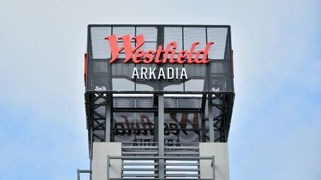 Warsaw, Poland. September 27, 2019. Sign Westfield Arkadia. Company signboard Westfield Arkadia.のeditorial素材