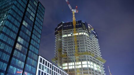 Warsaw, Poland. November 8, 2019. Construction site of an Varso Place office building at night.のeditorial素材