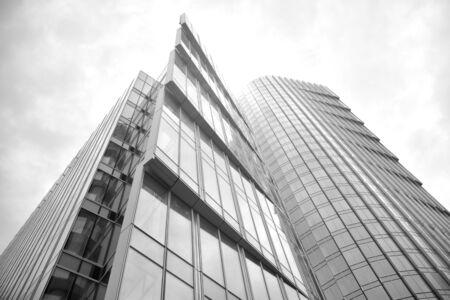 Abstract view of a skyscraper with sunlight. Black and white.