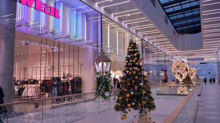 Warsaw, Poland. 7 December 2019. Christmas decoration in "Galeria Mlociny" shopping mall.のeditorial素材