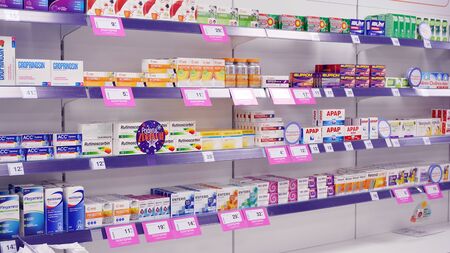 Warsaw, Poland. 31 January 2020. The interior of the city pharmacy in the shelves with medicines and preparations.のeditorial素材
