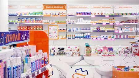 Warsaw, Poland. 31 January 2020. The interior of the city pharmacy in the shelves with medicines and preparations.のeditorial素材