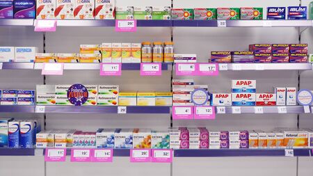 Warsaw, Poland. 31 January 2020. The interior of the city pharmacy in the shelves with medicines and preparations.のeditorial素材