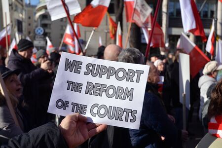 Warsaw, Poland. 8 January 2020. A pro-government demonstration in support of judicial reform. Demonstration organized by the circles of "Gazeta Polska"のeditorial素材