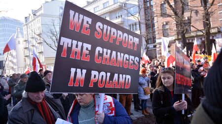 Warsaw, Poland. 8 January 2020. A pro-government demonstration in support of judicial reform. Demonstration organized by the circles of "Gazeta Polska"のeditorial素材