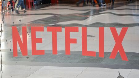 Warsaw, Poland. January 8, 2020. Sign Netflix. Company signboard Netflix.のeditorial素材