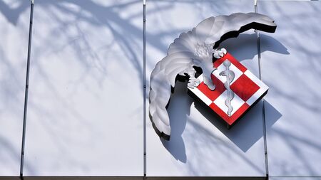 Warsaw, Poland. 29 February 2020. Sign Military Institute of Aviation Medicine. Company signboard...